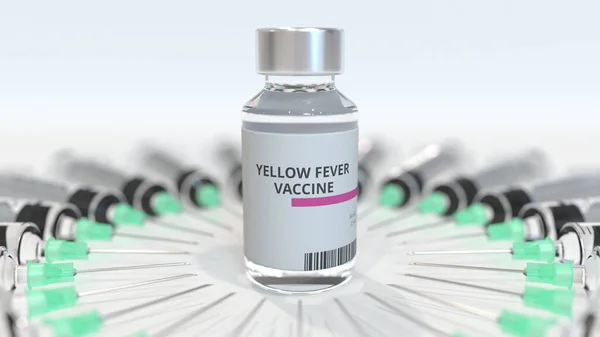 Flasche mit Gelbfieberimpfung und vielen Spritzen. konzeptionelle medizinische 3D-Darstellung — Stockfoto
