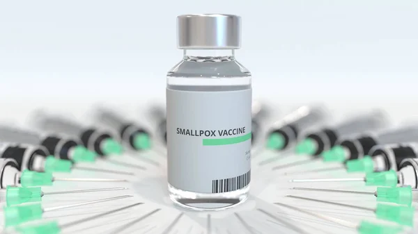 Vial con vacuna contra la viruela y jeringas. Representación 3D médica conceptual —  Fotos de Stock