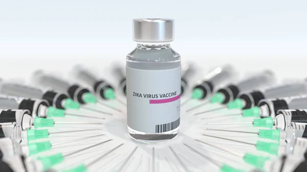 Vial con vacuna contra el virus zika y jeringas. Representación 3D médica conceptual —  Fotos de Stock