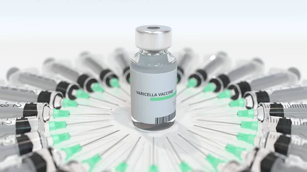 Fläschchen mit Varizellen-Impfstoff und Spritzen. konzeptionelle medizinische 3D-Darstellung — Stockfoto