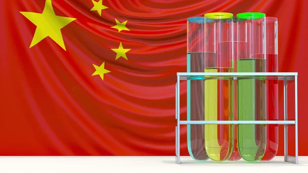 Olympic rings made of laboratory vials and Chinese flag. Editorial doping in sport in China related 3D rendering — Stock Photo, Image