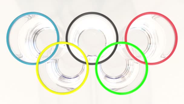 Olympische ringen gemaakt van laboratoriumflacons en Russische vlag. Redactionele doping in de sport in Rusland gerelateerde 3d animatie — Stockvideo