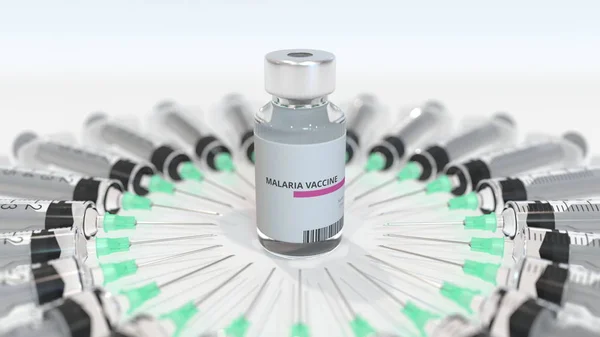 Flasche mit Malaria-Impfstoff und Spritzen. konzeptionelle medizinische 3D-Darstellung — Stockfoto
