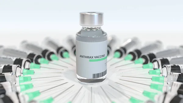 Vial con vacuna contra el ántrax y jeringas. Representación 3D médica conceptual —  Fotos de Stock