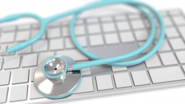 Stethoscope on keyboard with SOCIAL text. Modern medicine related conceptual 3D animation — 图库视频影像