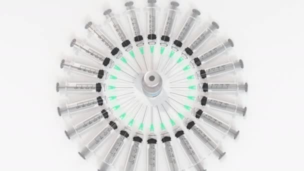 Пляшка з вакциною проти кору та шприців. Концептуальна медична 3D анімація — стокове відео