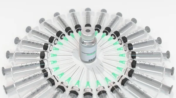 Lahvička s norovirovou vakcínou a stříkačkami. Koncepční lékařské 3d vykreslování — Stock fotografie