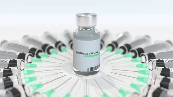Fiolka ze szczepionką przeciw krztuścowi i strzykawkami. Konceptualne medyczne renderowanie 3d — Zdjęcie stockowe
