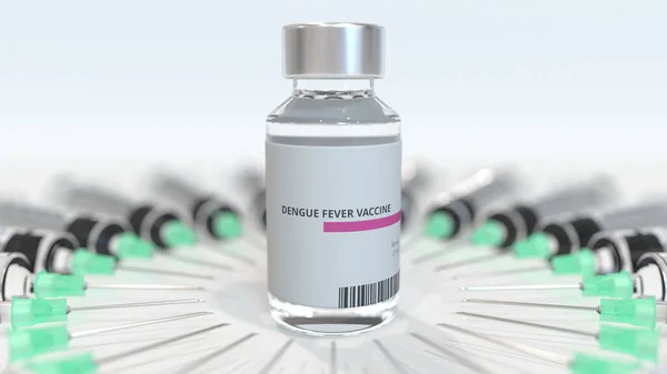 Φιαλίδιο με εμβόλιο δάγκειου πυρετού και σύριγγες. Εννοιολογική ιατρική 3d απόδοση — Φωτογραφία Αρχείου