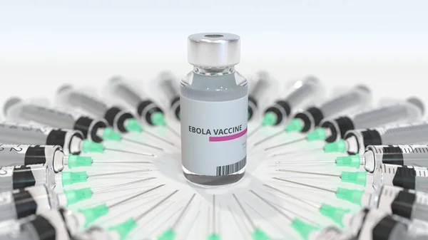 Frasco con vacuna contra el ébola y jeringas. Representación 3D médica conceptual — Foto de Stock