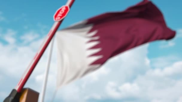 Barrier gate being closed with flag of Qatar as a background. Qatari restricted entry or certain ban — 비디오