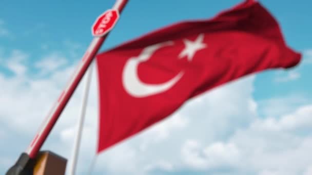 Closed boom gate on the Turkish flag background. Restricted border crossing or certain ban in Turkey — Stock video