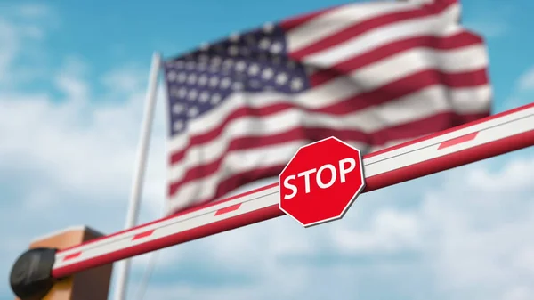 Gesloten slagboom met stopbord tegen de Amerikaanse vlag. Beperkte toegang of een bepaald verbod in de Usa. 3d destructie — Stockfoto