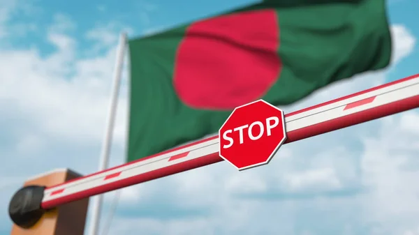 Бар'єрні ворота закриті з прапором Бангладеш як фоном. Бангладеш обмежив в'їзд або певні заборони. 3d рендеринг — стокове фото