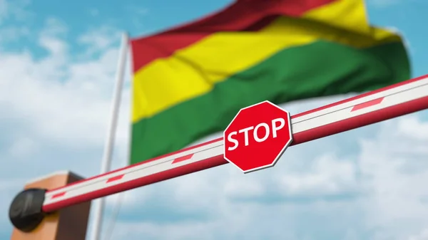 Закритий бар'єр з знаком "Стоп" проти болівійського прапора. Обмежена в'їзд або певна заборона в Болівії. 3d рендеринг — стокове фото