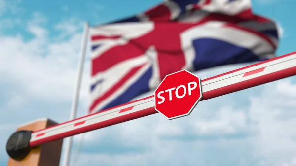 Bariérová brána se zavírá s vlajkou Spojeného království jako pozadí. Britský omezený vstup nebo určitý zákaz. 3D vykreslování — Stock fotografie