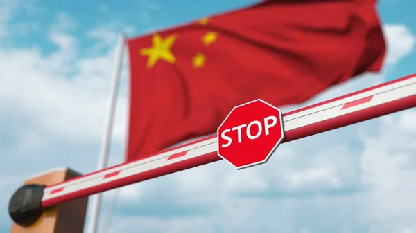 Closed boom barrier with stop sign against the Chinese flag. Restricted entry or certain ban in China. 3D rendering — 스톡 사진