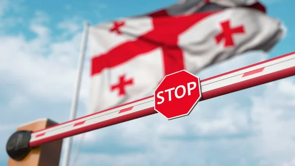 Barrière fermée avec panneau d'arrêt contre le drapeau géorgien. Entrée restreinte ou certaines interdictions en Géorgie. rendu 3D — Photo