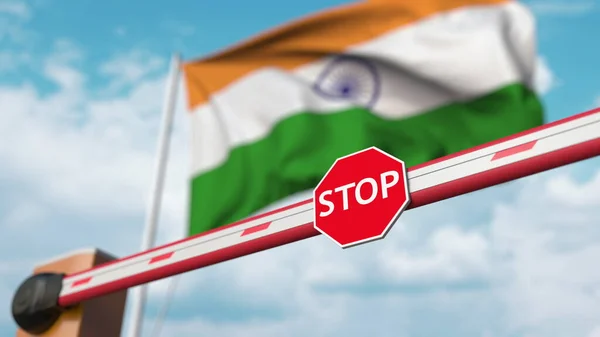 Barrier gate being closed with flag of India as a background. Indian restricted entry or certain ban. 3D rendering — 스톡 사진
