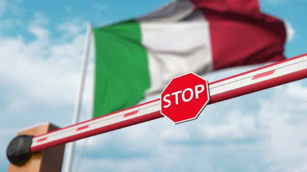 Stängd bom barriär med stoppskylt mot den italienska flaggan. Begränsad gränspassage eller visst förbud i Italien. 3d-konvertering — Stockfoto