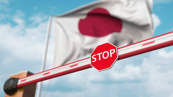 Gerbang penghalang ditutup dengan bendera Jepang sebagai latar belakang. Perbatasan perbatasan Jepang atau larangan tertentu. Perender 3D — Stok Foto