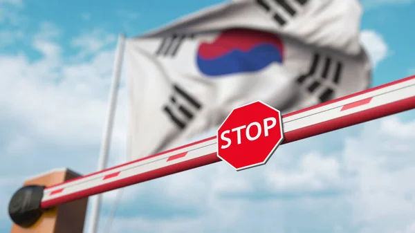 Closed boom gate on the Korean flag background. Restricted border crossing or certain ban in South Korea. 3D rendering — 스톡 사진