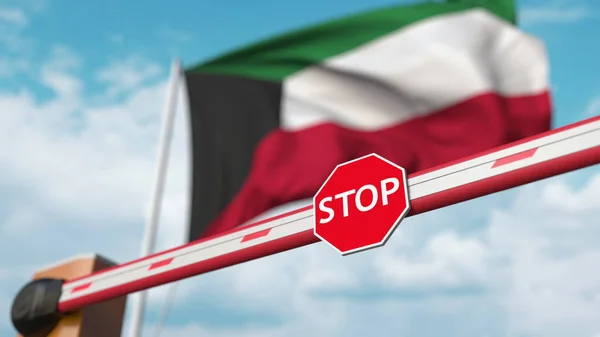 Закритий бар'єр з знаком "Стоп" проти прапора Кувейту. Обмежений кордон або певна заборона в Кувейті. 3d рендеринг — стокове фото