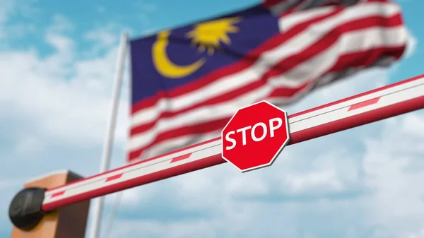 Brána se zavírá s vlajkou Malajsie jako pozadí. Malajsijské omezené překračování hranic nebo určitý zákaz. 3D vykreslování — Stock fotografie