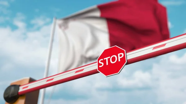 Barrera de pluma cerrada con señal de stop contra la bandera maltesa. Cruce fronterizo restringido o cierta prohibición en Malta. Renderizado 3D — Foto de Stock