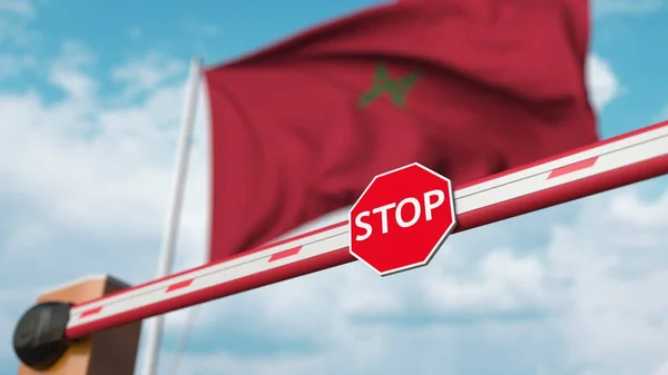 Barrière fermée avec panneau stop contre le drapeau marocain. Passage limité des frontières ou certaines interdictions au Maroc. rendu 3D — Photo