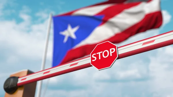Закритий бар'єр з знаком "Стоп" проти пуерто-риканського прапора. Обмежена в'їзд або певна заборона в Пуерто-Рико. 3d рендеринг — стокове фото