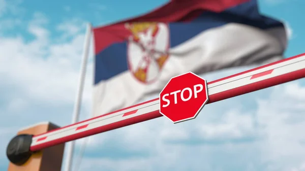Barreira de lança fechada com sinal de stop contra a bandeira sérvia. Limitada passagem de fronteira ou determinada proibição na Sérvia. Renderização 3D — Fotografia de Stock