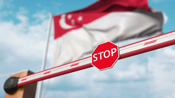 Barreira portão sendo fechado com bandeira de Singapura como pano de fundo. Fronteira restrita de Singapura ou certa proibição. Renderização 3D — Fotografia de Stock