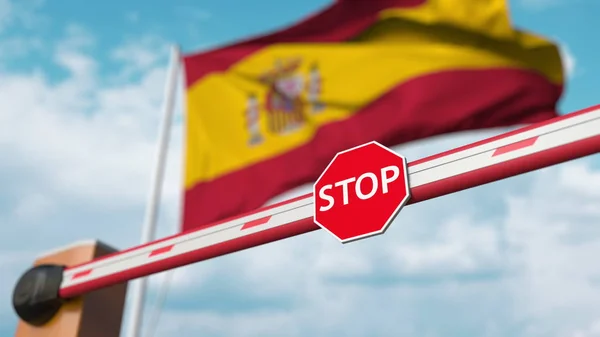 Barrièrepoort wordt gesloten met de vlag van Spanje als achtergrond. Spaanse beperkte grensoverschrijding of een bepaald verbod. 3d destructie — Stockfoto
