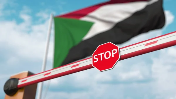 Zavřená brána na pozadí súdánské vlajky. Omezené překračování hranic nebo určitý zákaz v Súdánu. 3D vykreslování — Stock fotografie