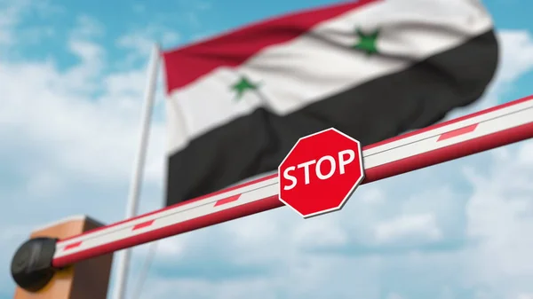 Закриті ворота буму на сирійському прапорі. Обмежений кордон або певна заборона в Сирії. 3d рендеринг — стокове фото