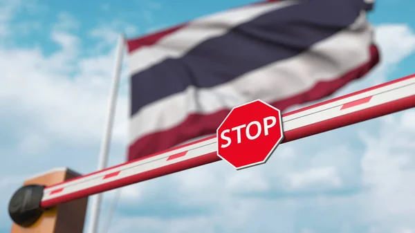 Closed boom barrier with stop sign against the Thai flag. Restricted border crossing or certain ban in Thailand. 3D rendering — Stock Photo, Image