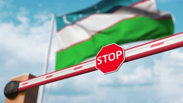 Closed boom gate on the Uzbek flag background. Restricted entry or certain ban in Uzbekistan. 3D rendering — 스톡 사진