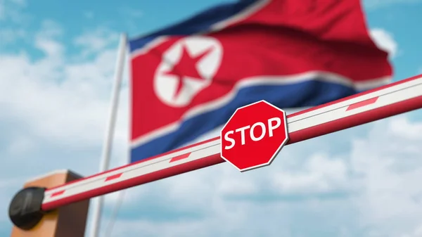 Cancello a braccio chiuso sullo sfondo della bandiera nordcoreana. Ingresso limitato o certo divieto in Corea del Nord. Rendering 3D — Foto Stock