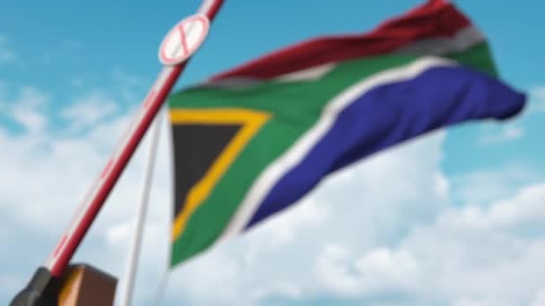 Barrier gate with no immigration sign being closed with flag of South Africa as a background. South African restricted border crossing or immigration ban — Stock Video