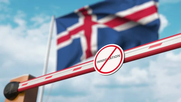 Geschlossenes Boom-Gate ohne Einwanderungsschild auf dem Hintergrund der isländischen Flagge. Grenzschließung oder Einwanderungsverbot in Island. 3D-Darstellung — Stockfoto