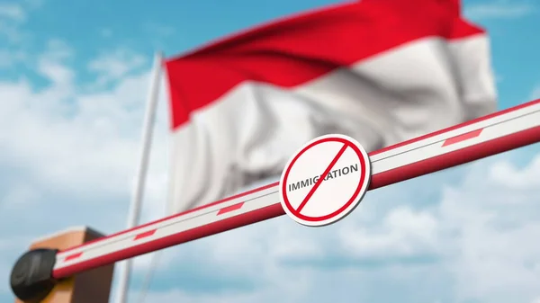 Porta de lança fechada sem sinal de imigração no fundo da bandeira indonésia. Fechamento de fronteiras ou proibição de imigração na Indonésia. Renderização 3D — Fotografia de Stock