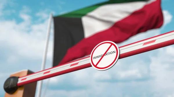 Bumm-gát lezárva, a kuvaiti zászló ellen. Korlátozott határátlépés vagy bevándorlási tilalom Kuvaitban. 3D-s renderelés — Stock Fotó
