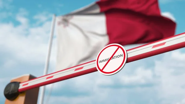 Barreira de boom fechada com sinal de parar a imigração contra a bandeira maltesa. Limitada passagem de fronteira ou proibição de imigração em Malta. Renderização 3D — Fotografia de Stock