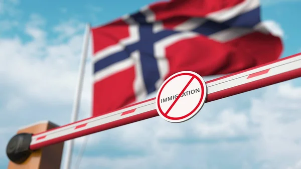 Barreira portão sem sinal de imigração sendo fechado com bandeira da Noruega como pano de fundo. Fechamento das fronteiras norueguesas ou proibição de imigração. Renderização 3D — Fotografia de Stock