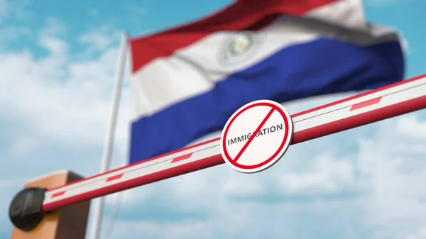 Porta de barreira sem sinal de imigração sendo fechado com bandeira do Paraguai como pano de fundo. Fechamento das fronteiras paraguaias ou proibição de imigração. Renderização 3D — Fotografia de Stock