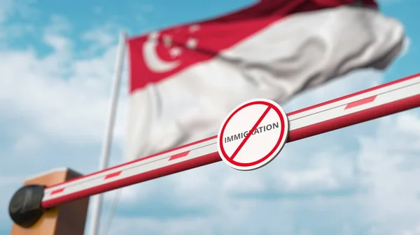 Barriärgrinden utan att någon immigrationsskylt stängs med Singapores flagga som bakgrund. Singapores begränsade gränspassage eller invandringsförbud. 3d-konvertering — Stockfoto