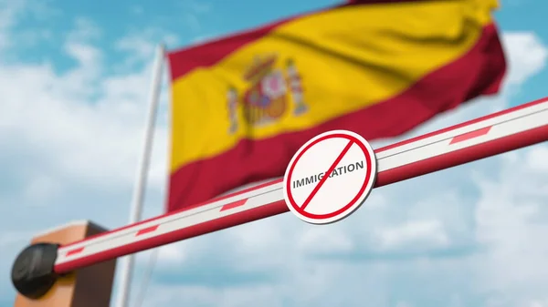 Barriärgrinden utan att någon immigrationsskylt stängs med Spaniens flagga som bakgrund. Förbud mot gränspassage eller invandring i Spanien. 3d-konvertering — Stockfoto