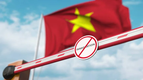 Barreira de boom fechada com sinal de parar a imigração contra a bandeira vietnamita. Fechamento de fronteiras ou proibição de imigração no Vietnã. Renderização 3D — Fotografia de Stock