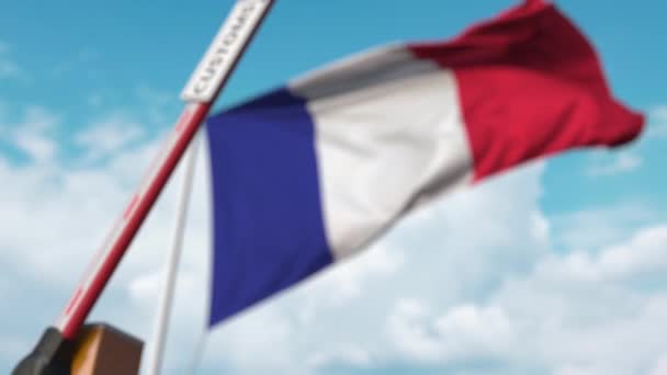 Arka planda Fransa bayrağı ile kapatılmış Gümrük Kapısı yazılı bariyer kapısı. Fransa sınırının kapatılması veya koruyucu tarifeler — Stok video